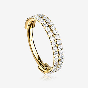 Implant Grade Titanium Golden Double Lined Gems Seamless Clicker Hoop Ring-Clear Gem